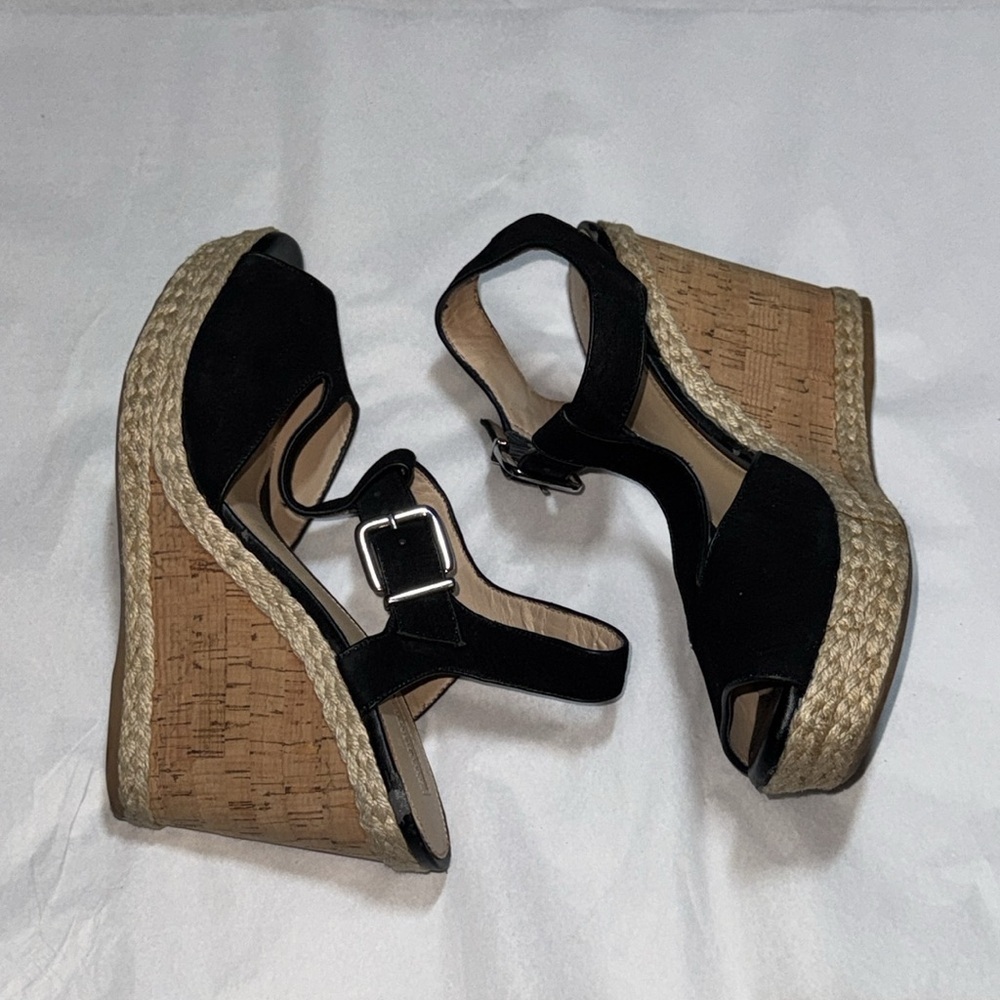 Antonio Melani Yardley black suede cork wedges platform T strap sandals heels 11